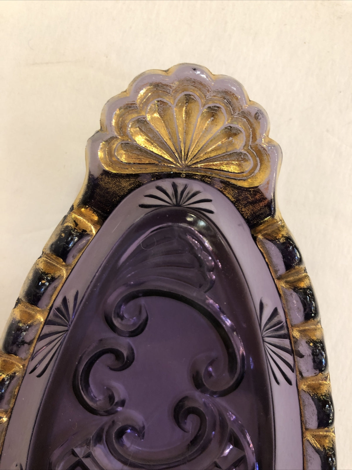 Rare vintage Amethyst Pickle Dish Pressed Glass Scalloped Gold Edging