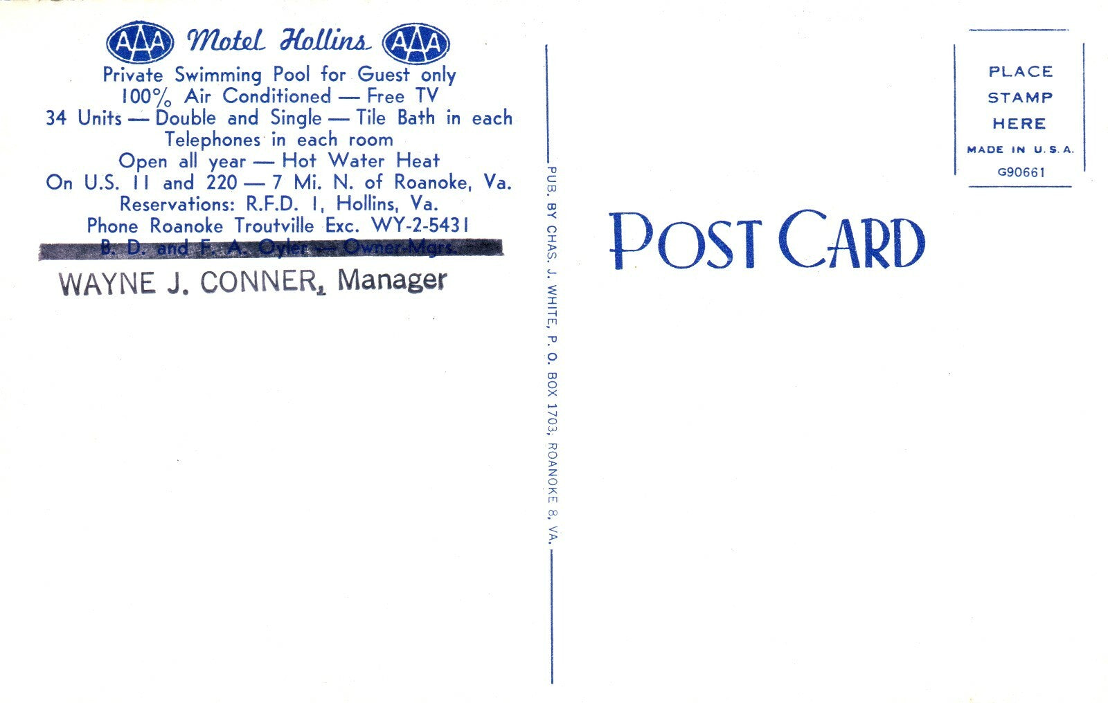 Motel Hollins on US 11 and 220 -- 7 Mile N Roanoke VA Virginia Postcard