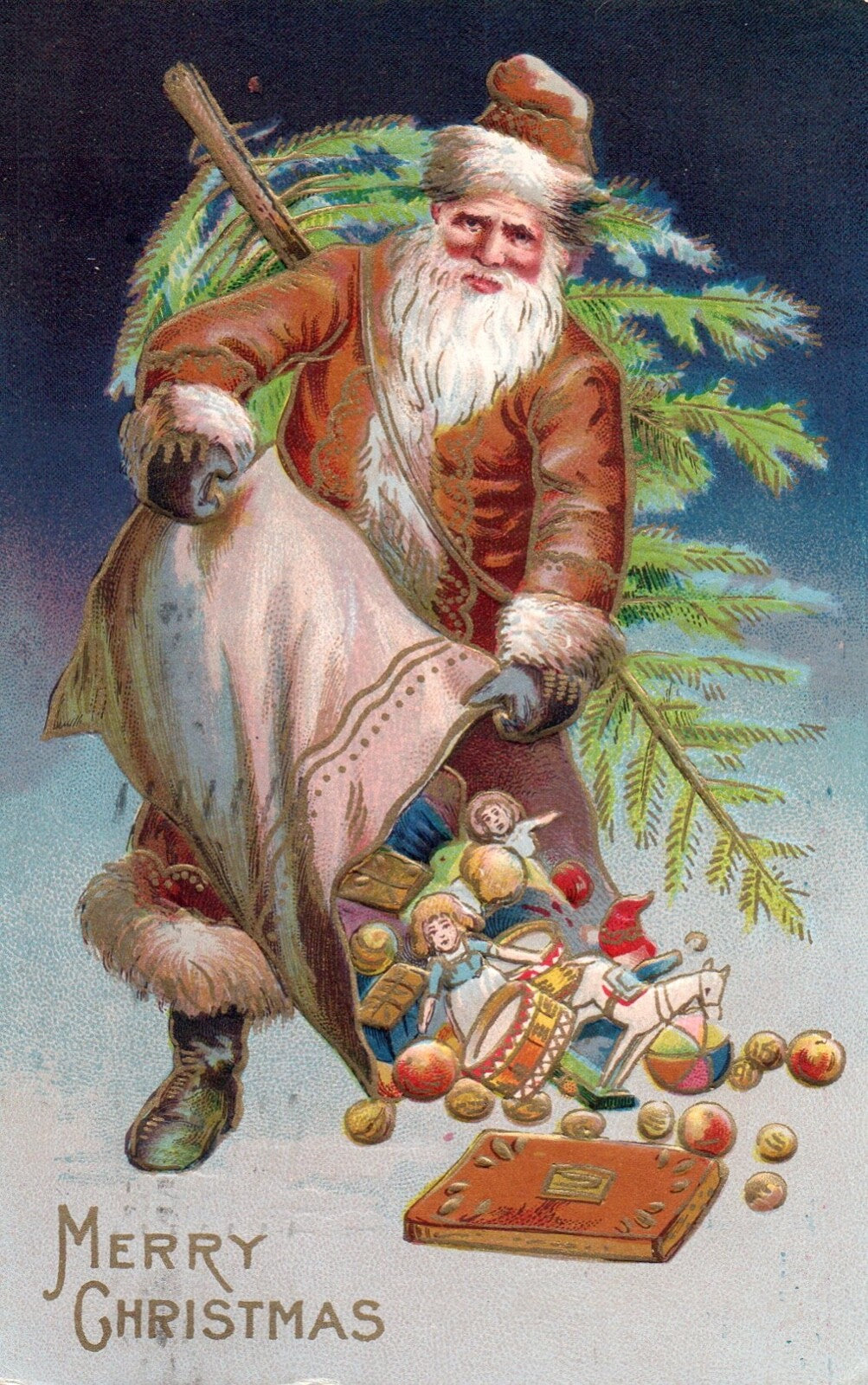 Merry Christmas Santa Dumping Toys Vintage Santa Postcard