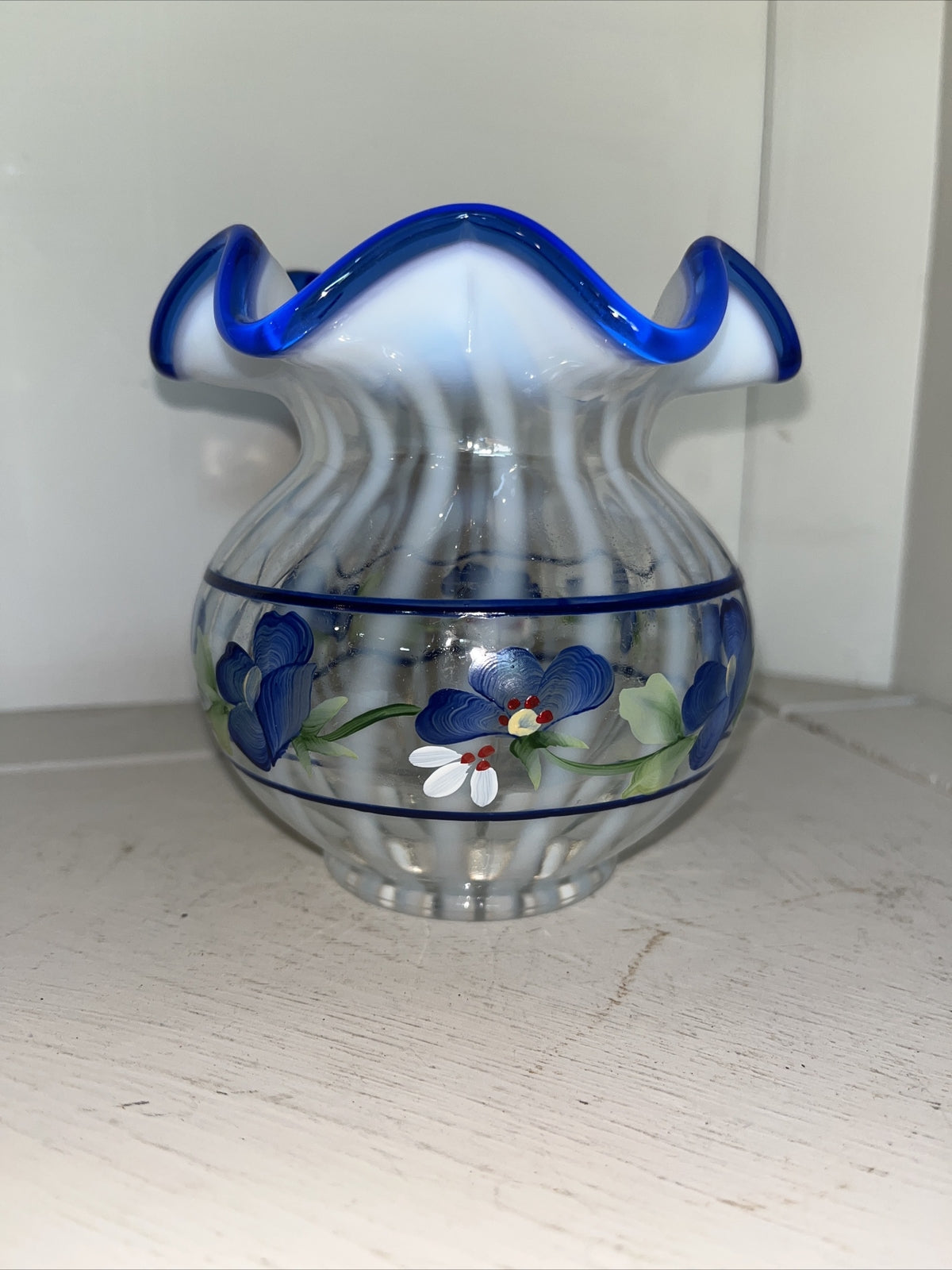 Fenton Spiral Optic Opalescent Glass Blue Crest Hand Painted Floral 4 1/2" Vase