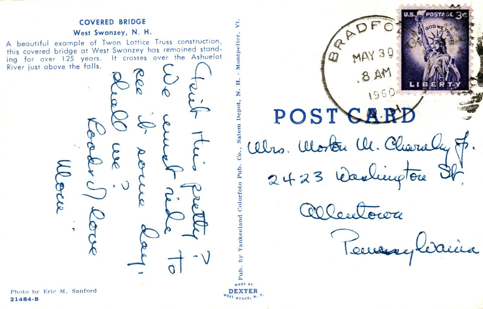 1960 Covered Bridge West Swanzey NH New Hampshire Twon Lattice Truss Postcard