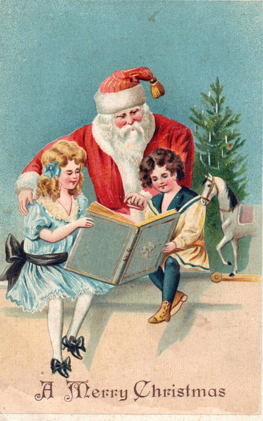A Merry Christmas Santa with Children Reading Vintage Santa Postcard