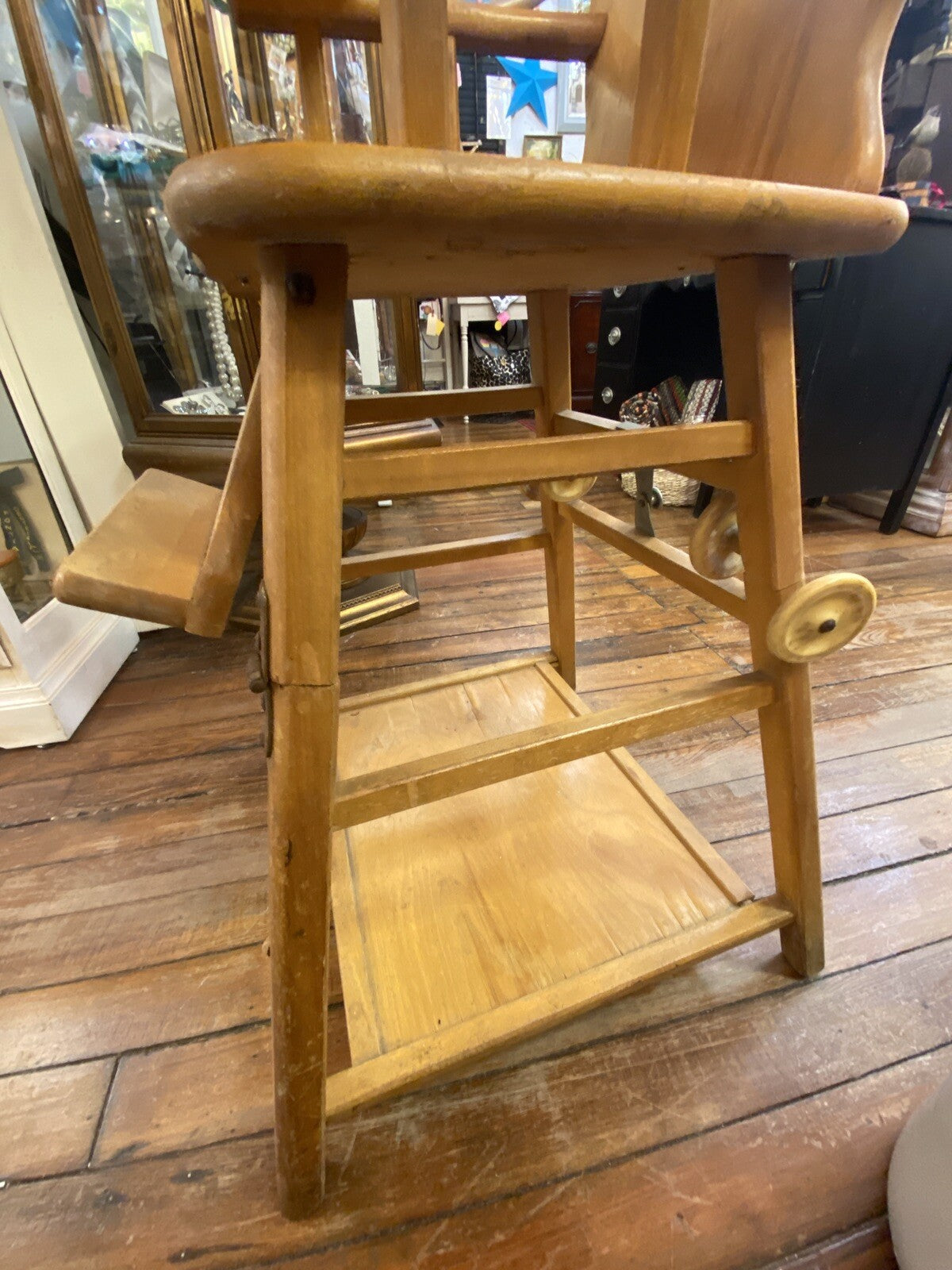 Antique Thayer High Chair Convertible To Play Chair  With Bear  Print Solid Wood