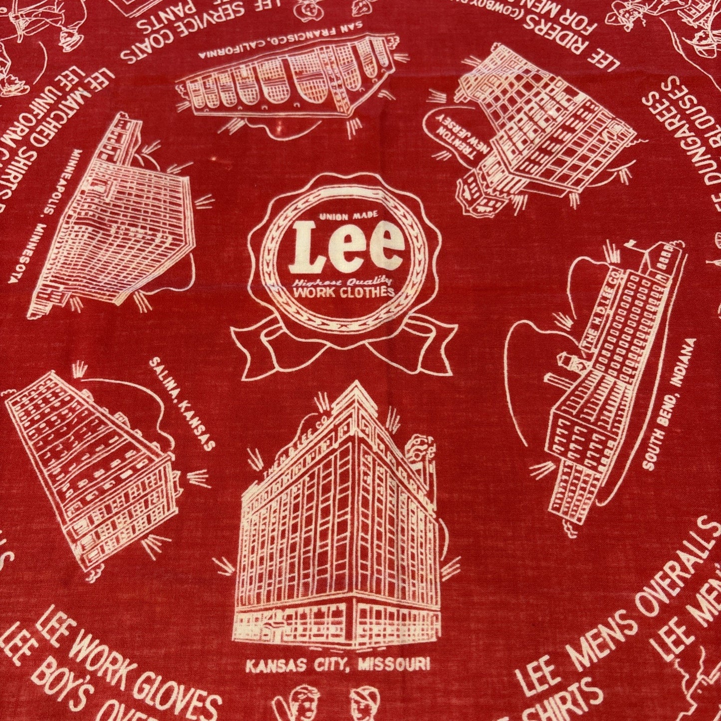 Lee Union Made Red Bandana 1950s Advertising Handkerchief 21-1/4" x 20-1/4"