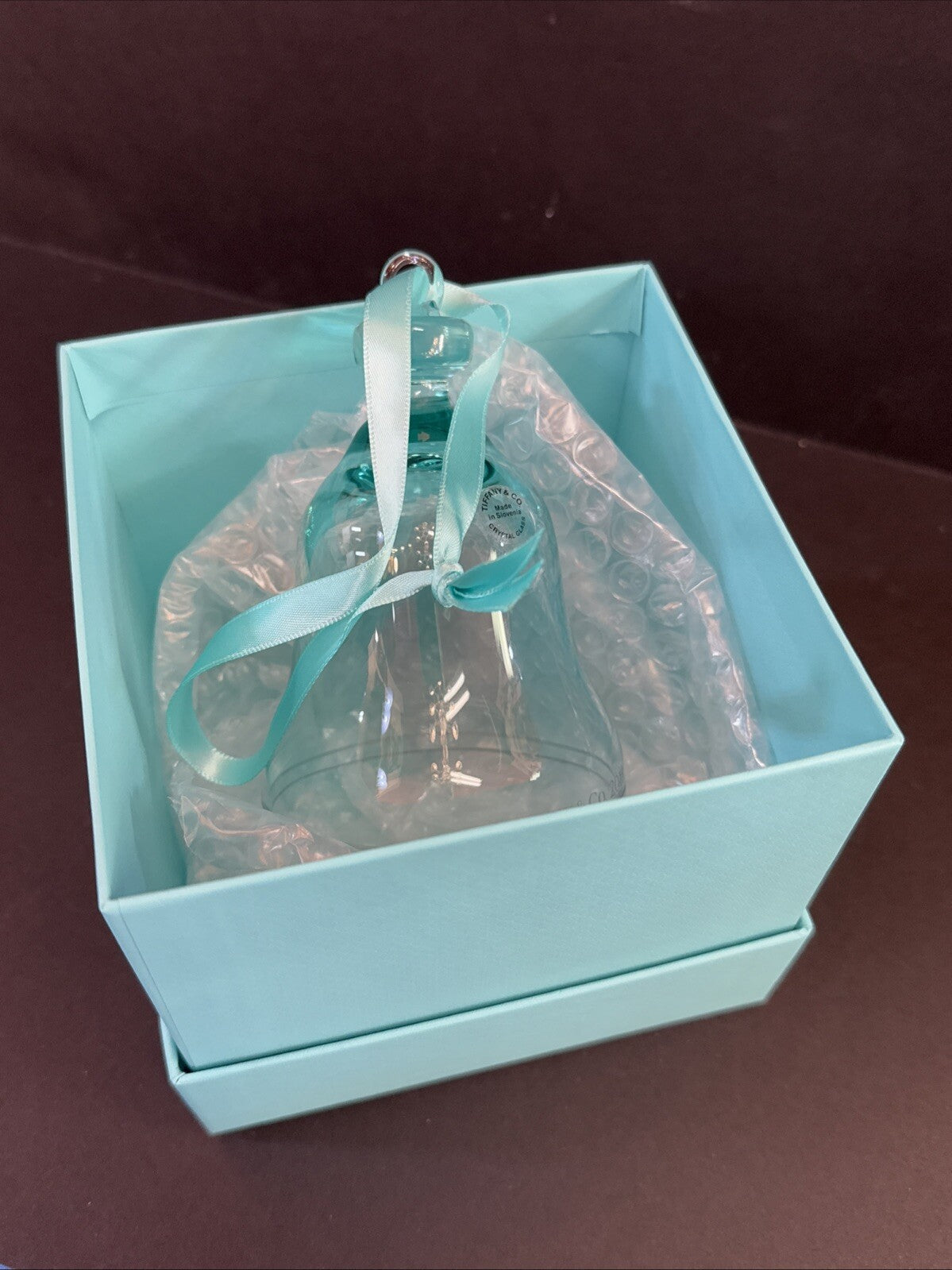 Tiffany & Co Blue Crystal Bell Ornament Glass WITH Ribbon & BOX 4½” 2018 Holiday