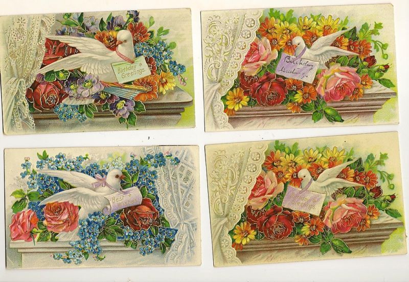 Lot of 4 Dove Birds Birthday Greeting Bird Animals Postcard