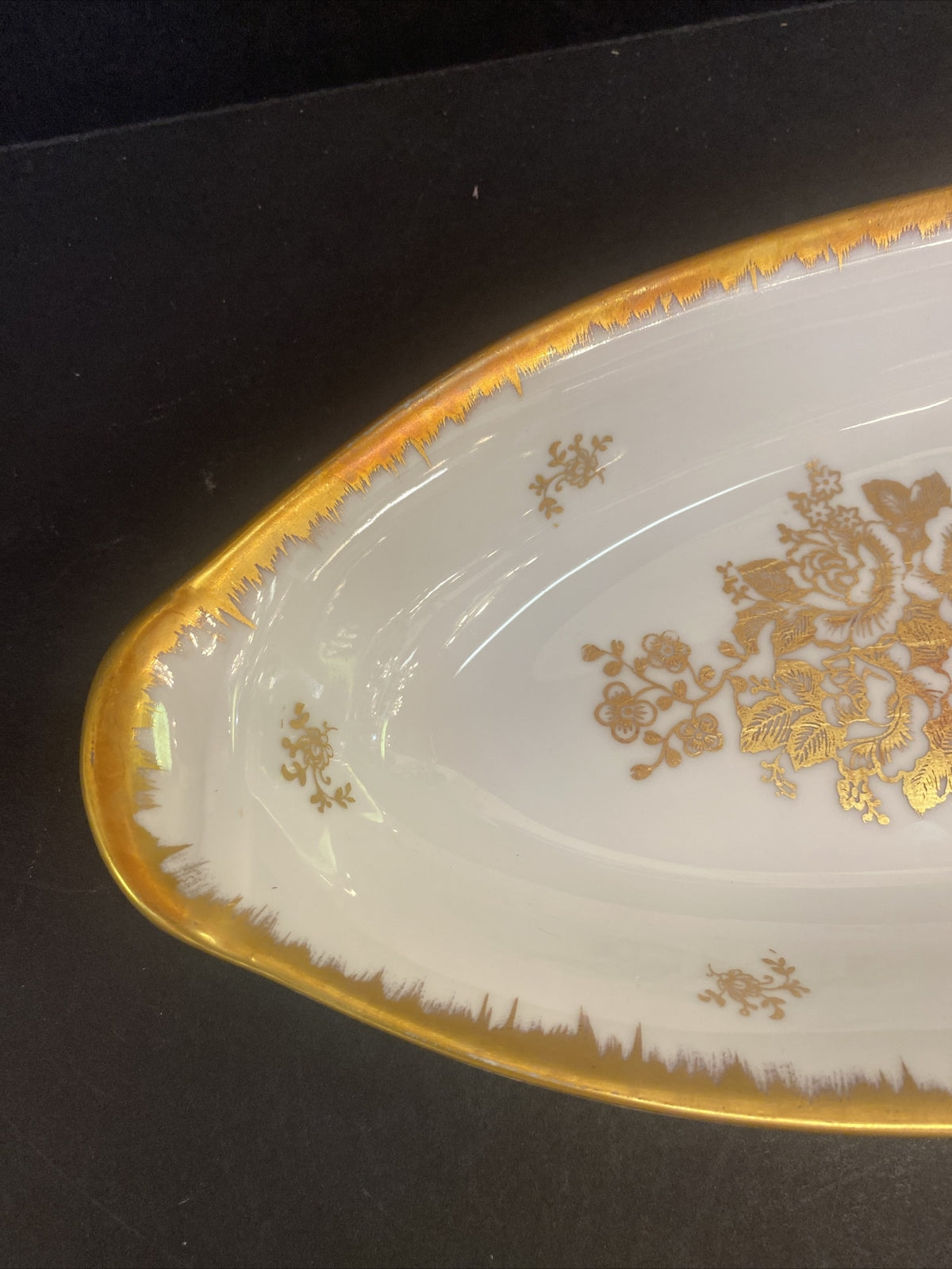 Vintage French Oval White Gold Serving Dish Hand Painted