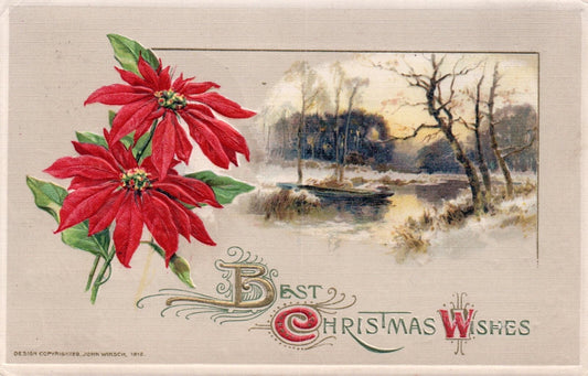 Vintage John Winsch Best Christmas Wishes Winter Lake Scene Poinsettia Postcard