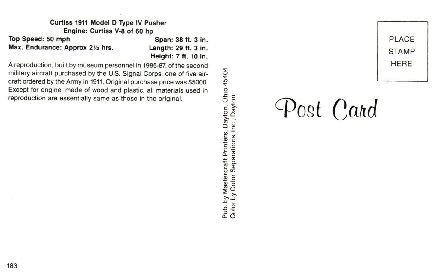 Curtiss 1911 Model D Type IV Pusher Airplane Postcard