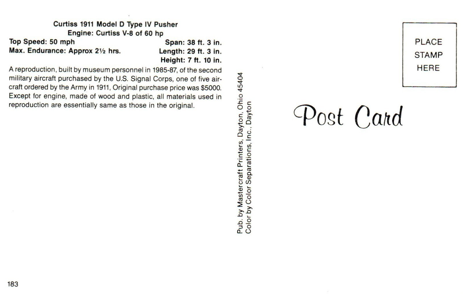 Curtiss 1911 Model D Type IV Pusher Airplane Postcard