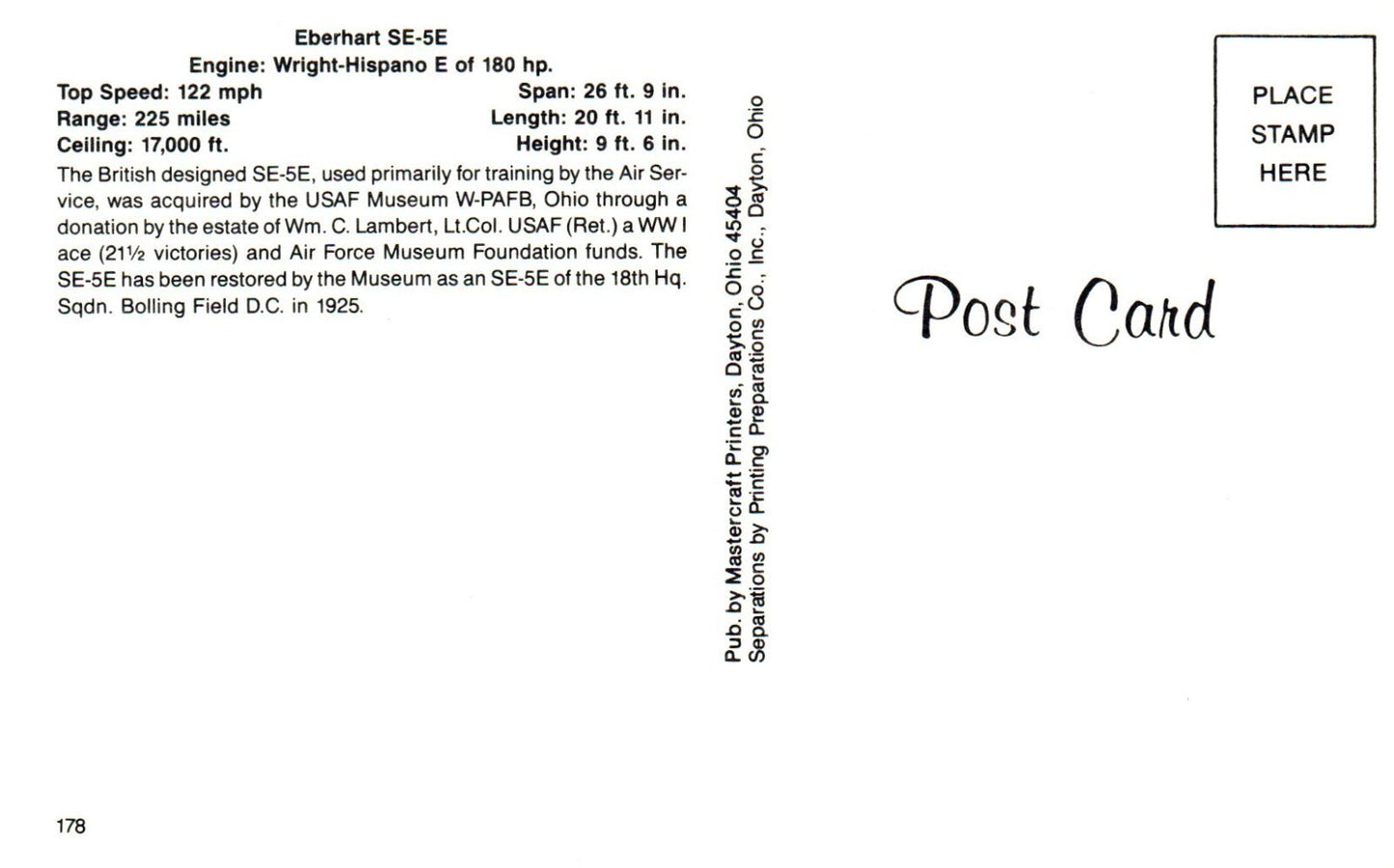 Eberhart SE-5E Airplane Postcard