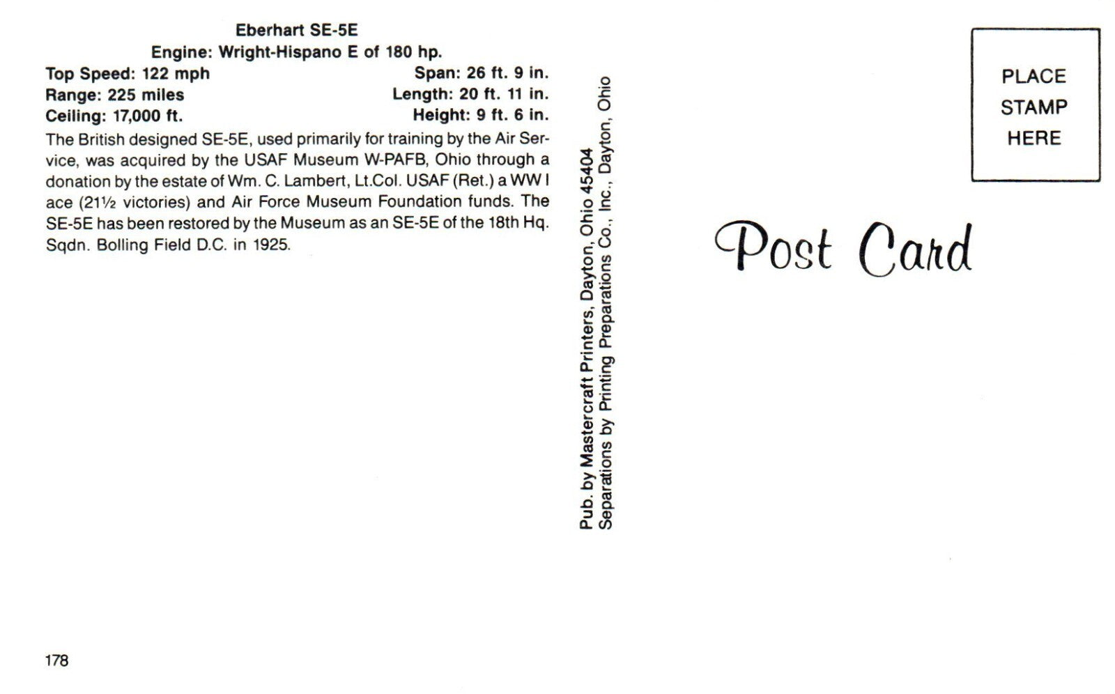 Eberhart SE-5E Airplane Postcard
