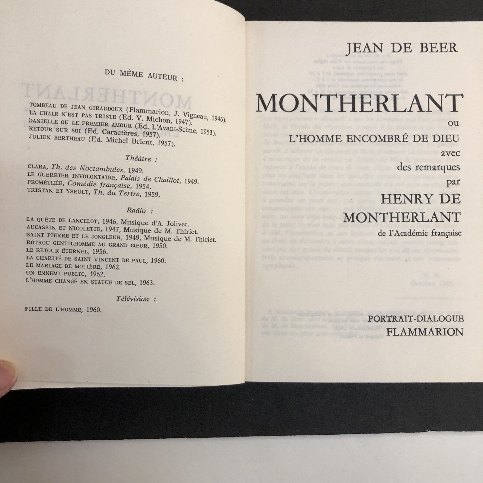 Book - Montherlant Jean de Beer - Portrait Dialogue 1963 French
