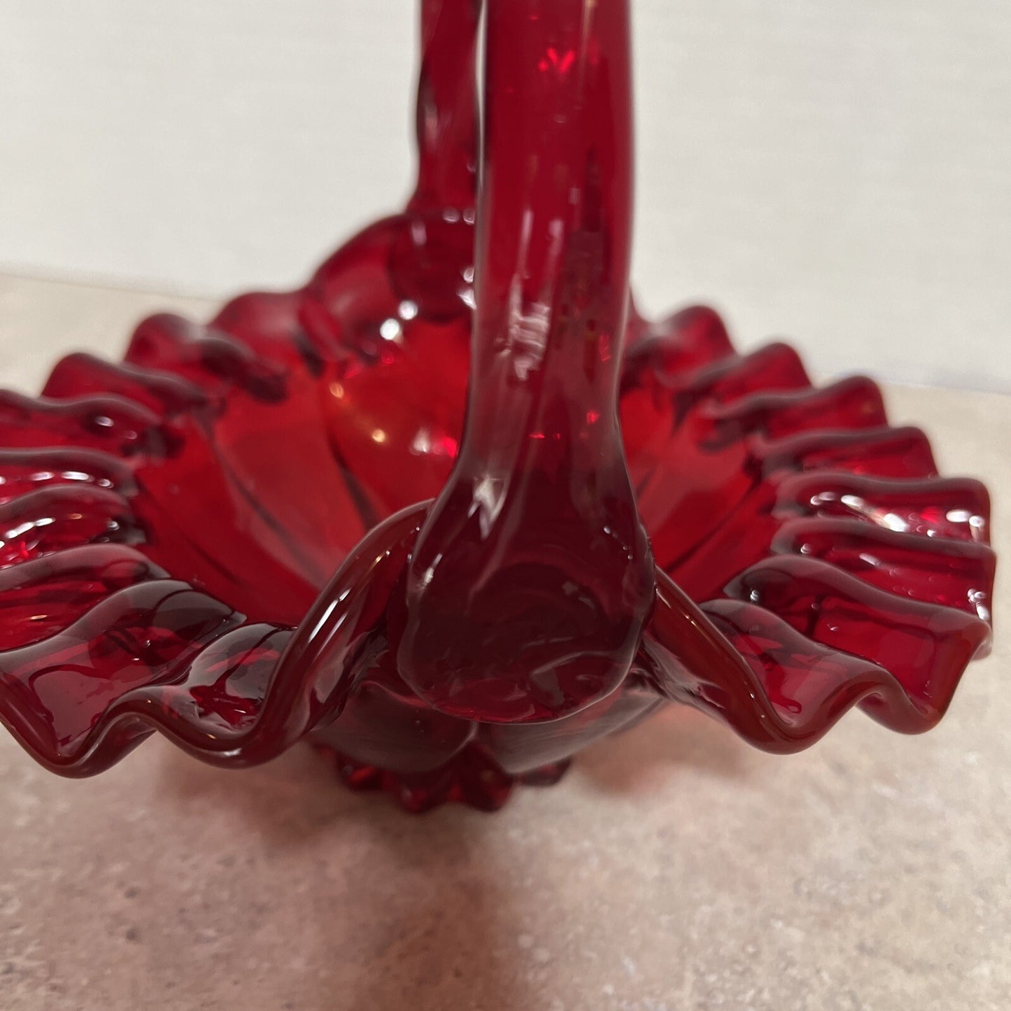 Vintage Fenton Ruby Red Smooth Glass Basket Ruffled Edges Twisted Handle