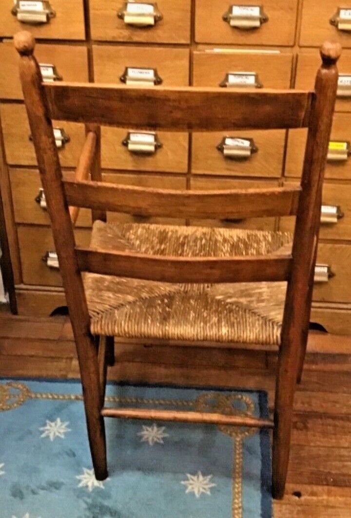 Antique Wood Shaker Ladder Back Rush Seat Arm Chair