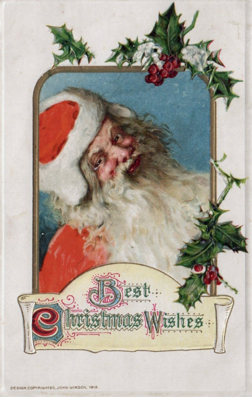 John Winsch Best Christmas Wishes Santa Claus with Holly Christmas Postcard