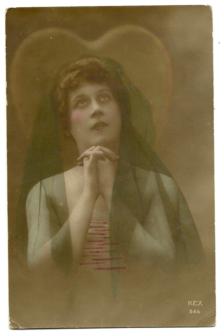 RPPC Beautiful Lady praying Veil Valentine Heart Halo Postcard REX 866