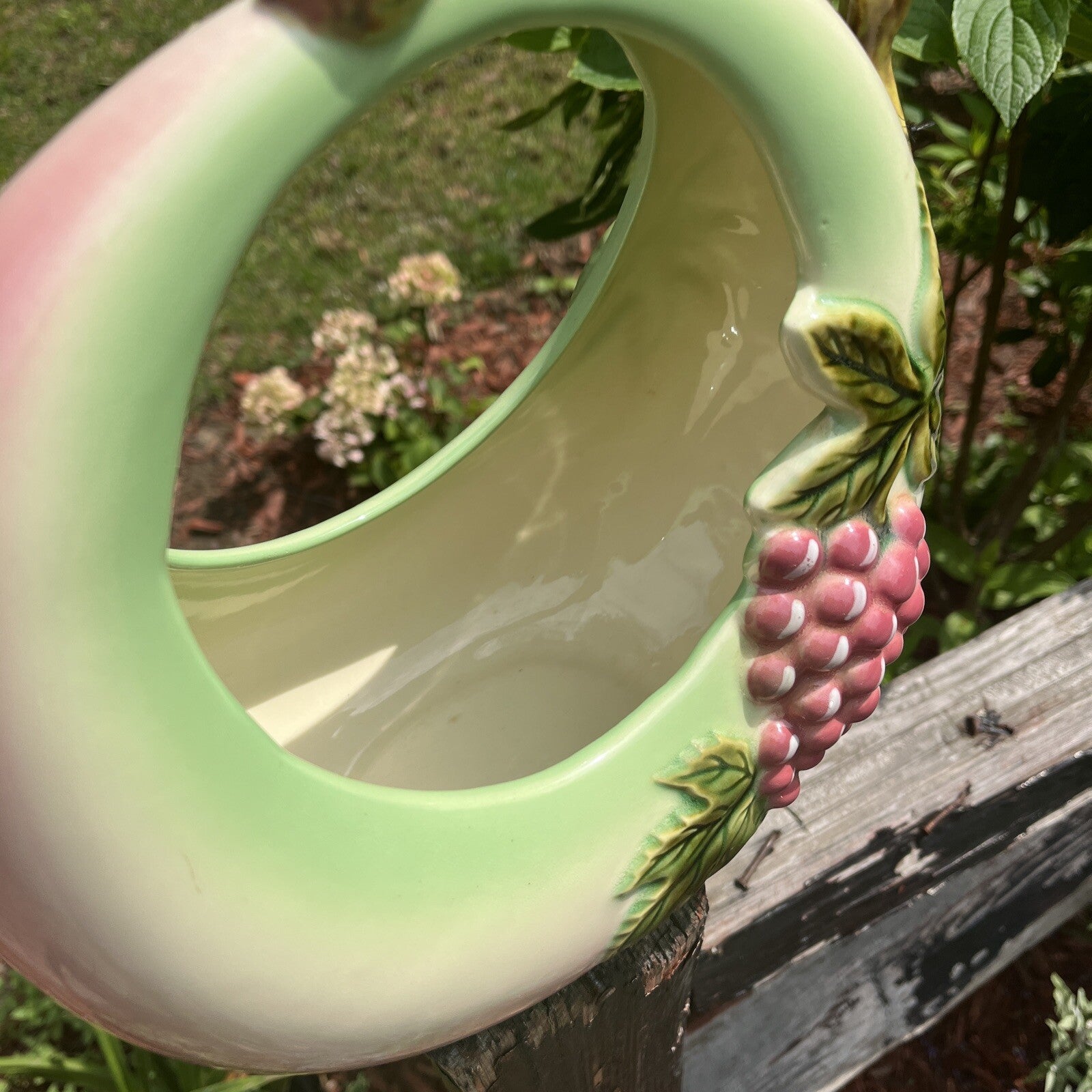 Pottery Tokay Vintage USA  Planter Napkin Fruit Holder Pink Grapes Vine Handle