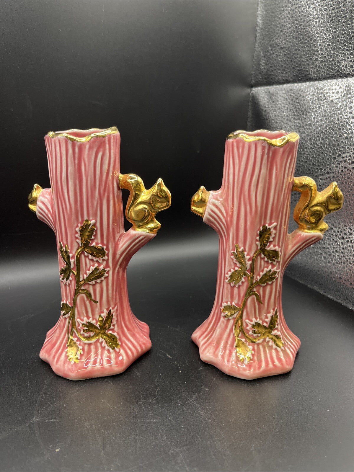 Vintage Pair Pink 22K Gold Holley Ross Squirrels in Tree Trunk Bud Vase 6" Tall