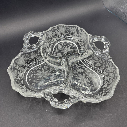 CAMBRIDGE ART GLASS UNIQUE THREE HANDLED THREE PART CANDY DISH "WILDFLOWER" ETCH