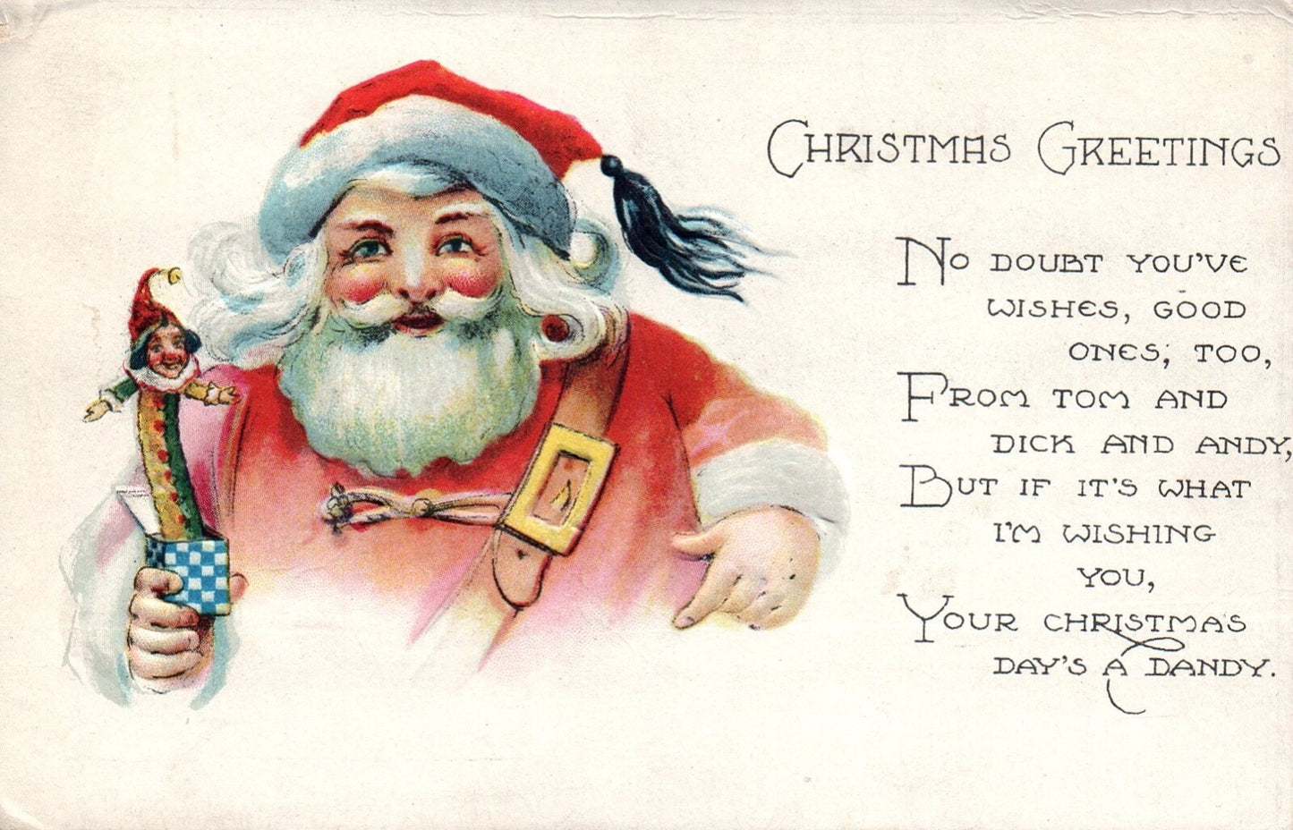 Christmas Greetings Poem Santa with Jack in the Box Vtg Santa Postcard