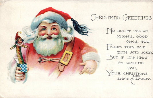 Christmas Greetings Poem Santa with Jack in the Box Vtg Santa Postcard