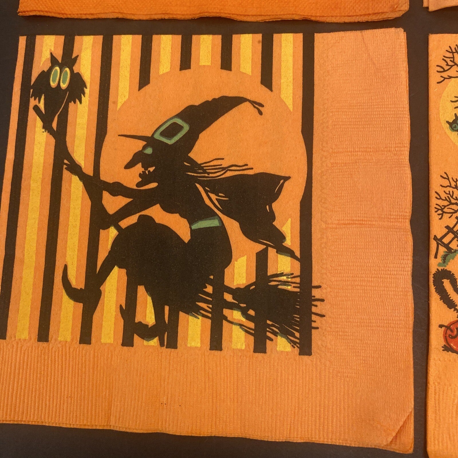 Vintage Orange HALLOWEEN PAPER NAPKIN Lot of 4 ALL WITCHES, Black cats, J.O.L