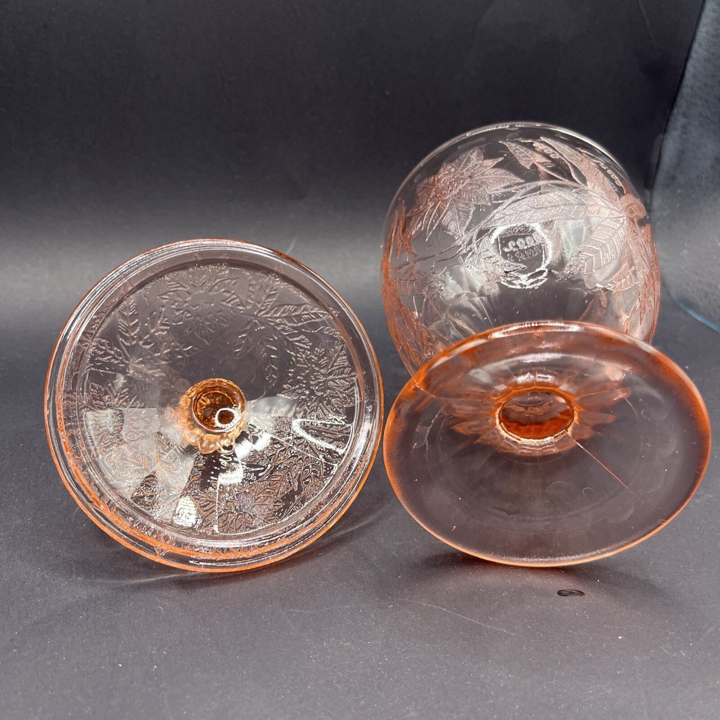 Floral Pink Footed Glass Candy Dish and Lid By Jeanette 6-1/4”