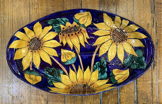 vintage Terracotta Pottery Mexican Talavera 1980's Cobalt Blue Sunflower Platter