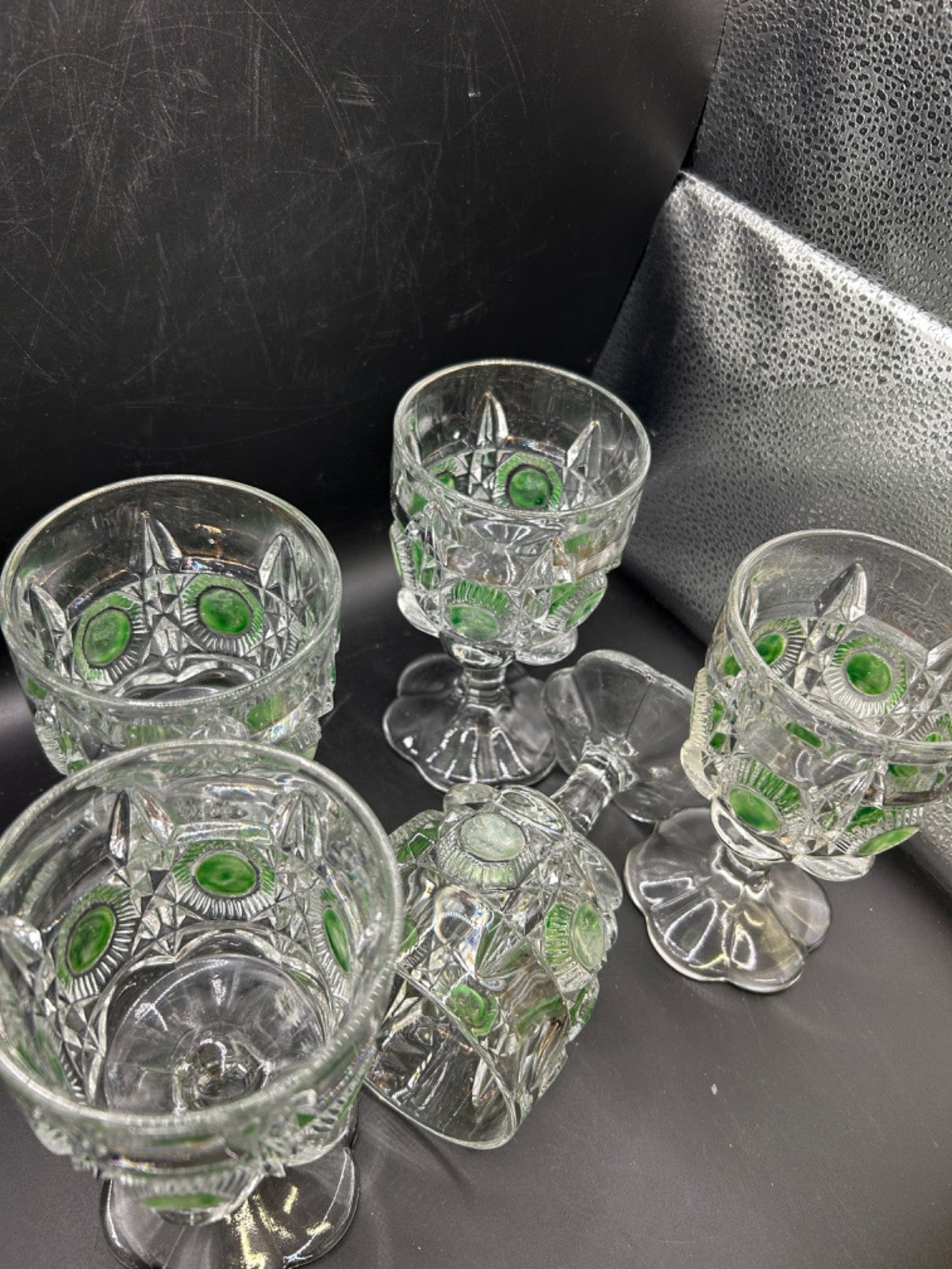 EAPG Newport 5X Goblets Glass Bull's Eye & Daisy Green Stain