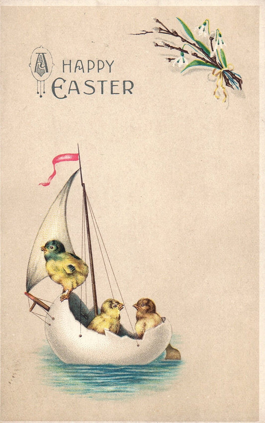 A Happy Easter Chicks Sailing in Egg Boat Vintage Easter Postcard