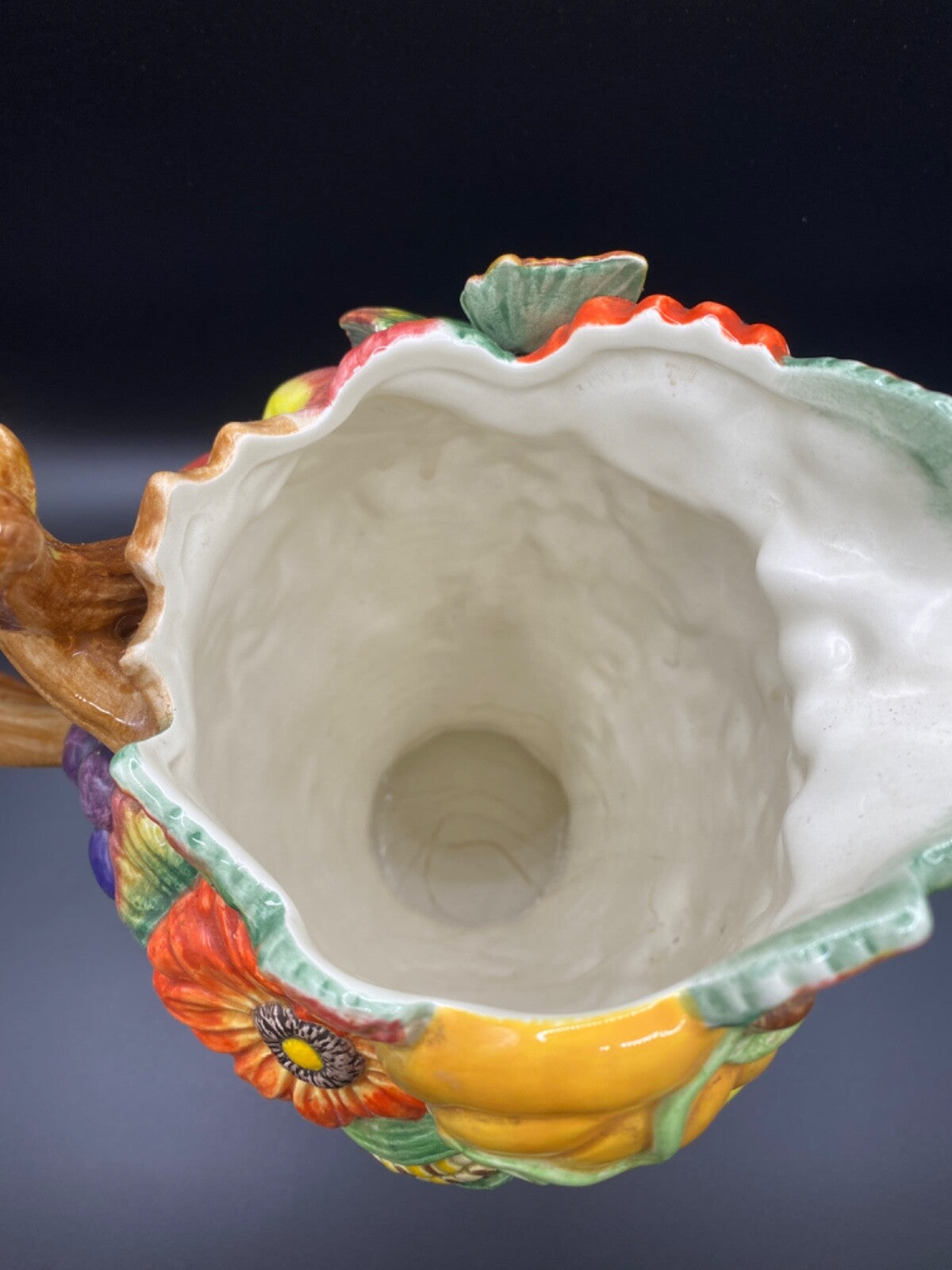 Vintage Fitz And Floyd Harvest Fall Ceramic Pumpkin Grapes Leaf Pitcher 1997