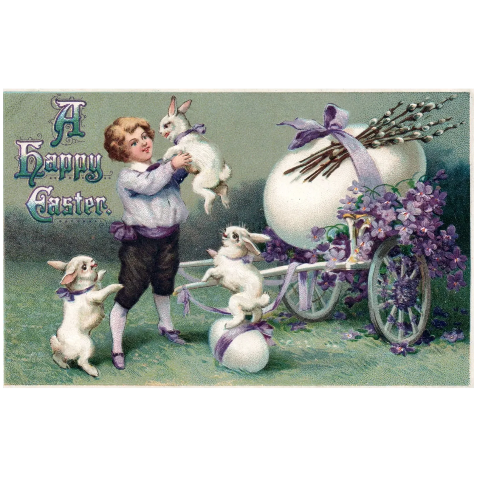 A Happy Easter Little Boy Holding Easter Bunnies With Egg Cart Easter Postcard