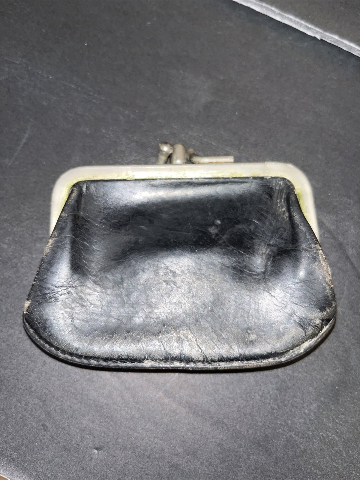 Vintage Coin Purse Black Leather Tiny KissLock Coin Purse