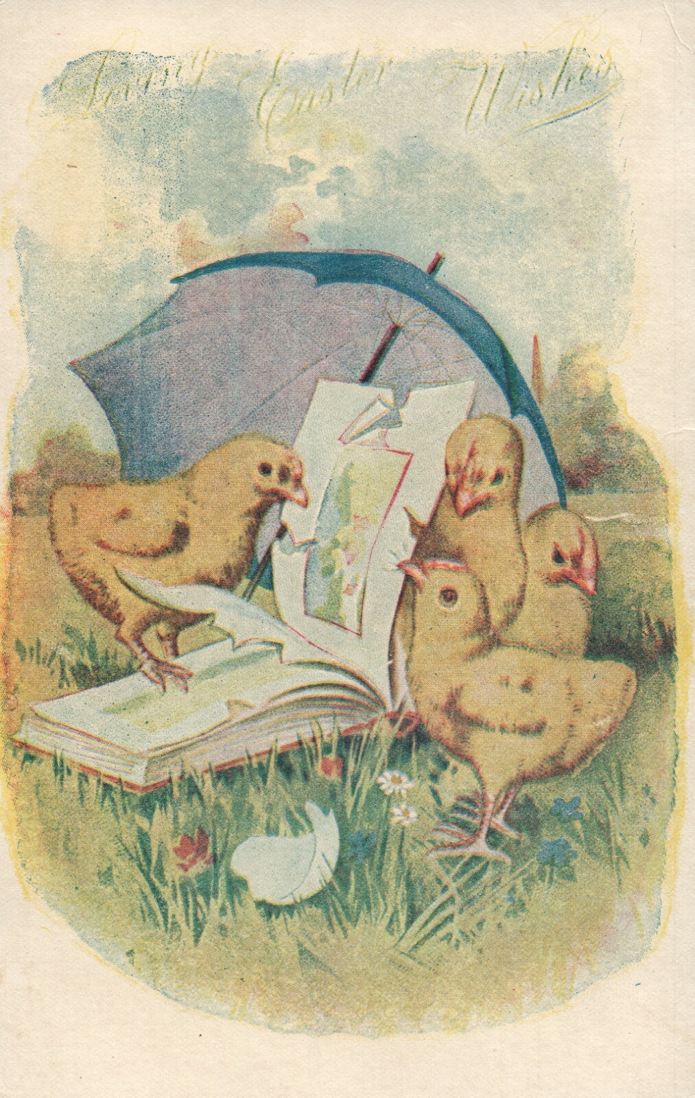 Early Undivided Easter Chicks Reading Under Umbrella Easter Postcard