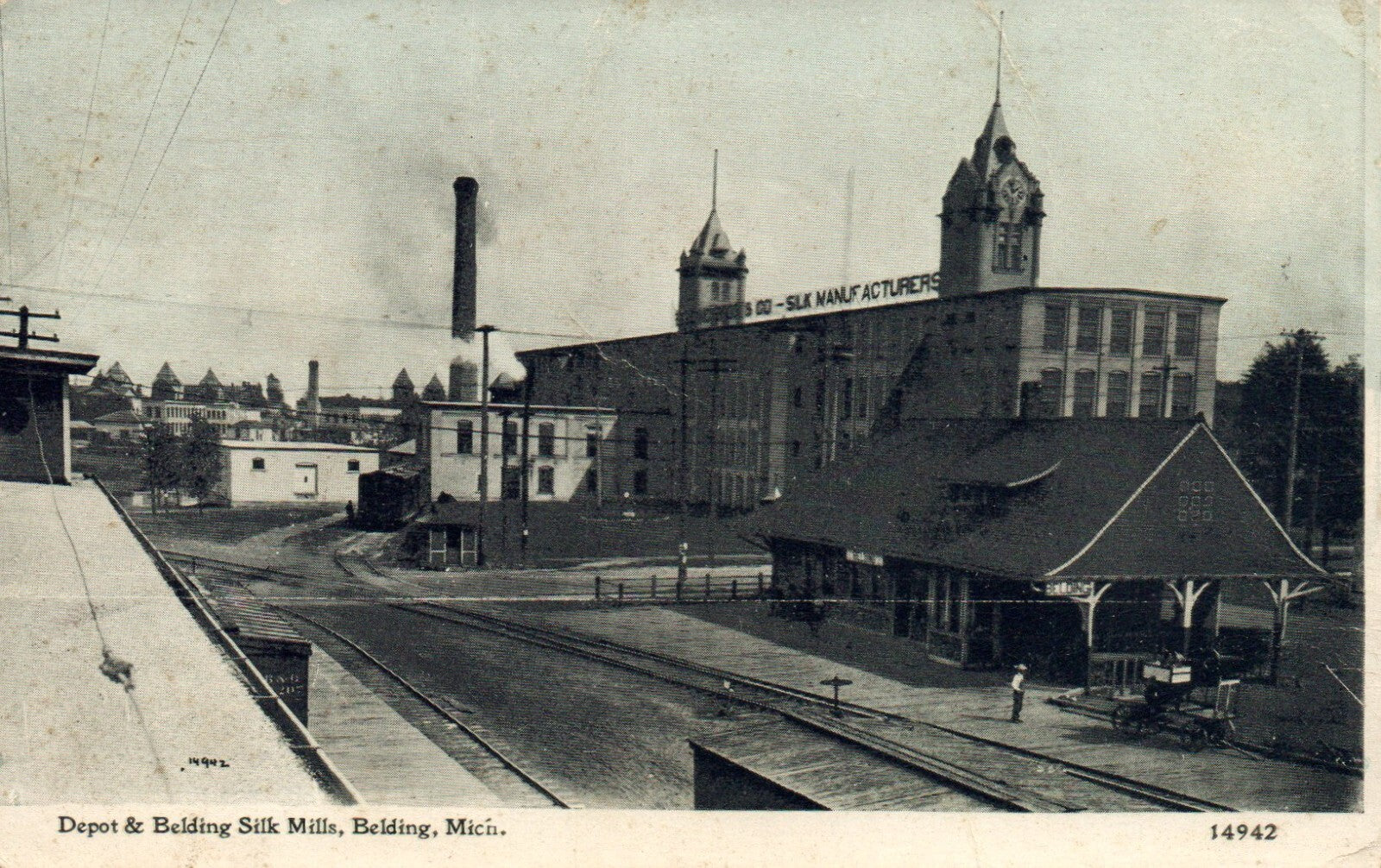 Depot & Belding Silk Mills in Belding Mi Mich Michigan Postcard