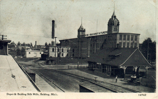 Depot & Belding Silk Mills in Belding Mi Mich Michigan Postcard
