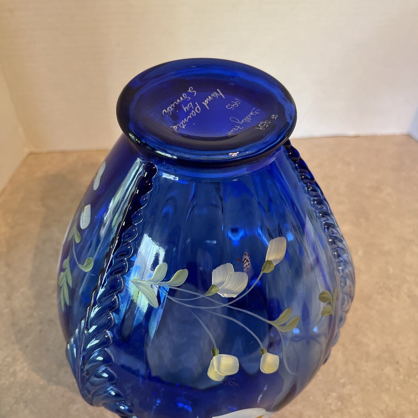 Fenton Glass Cobalt Blue Feathered Belly Vase Signed Shelly Fenton Hand Painted
