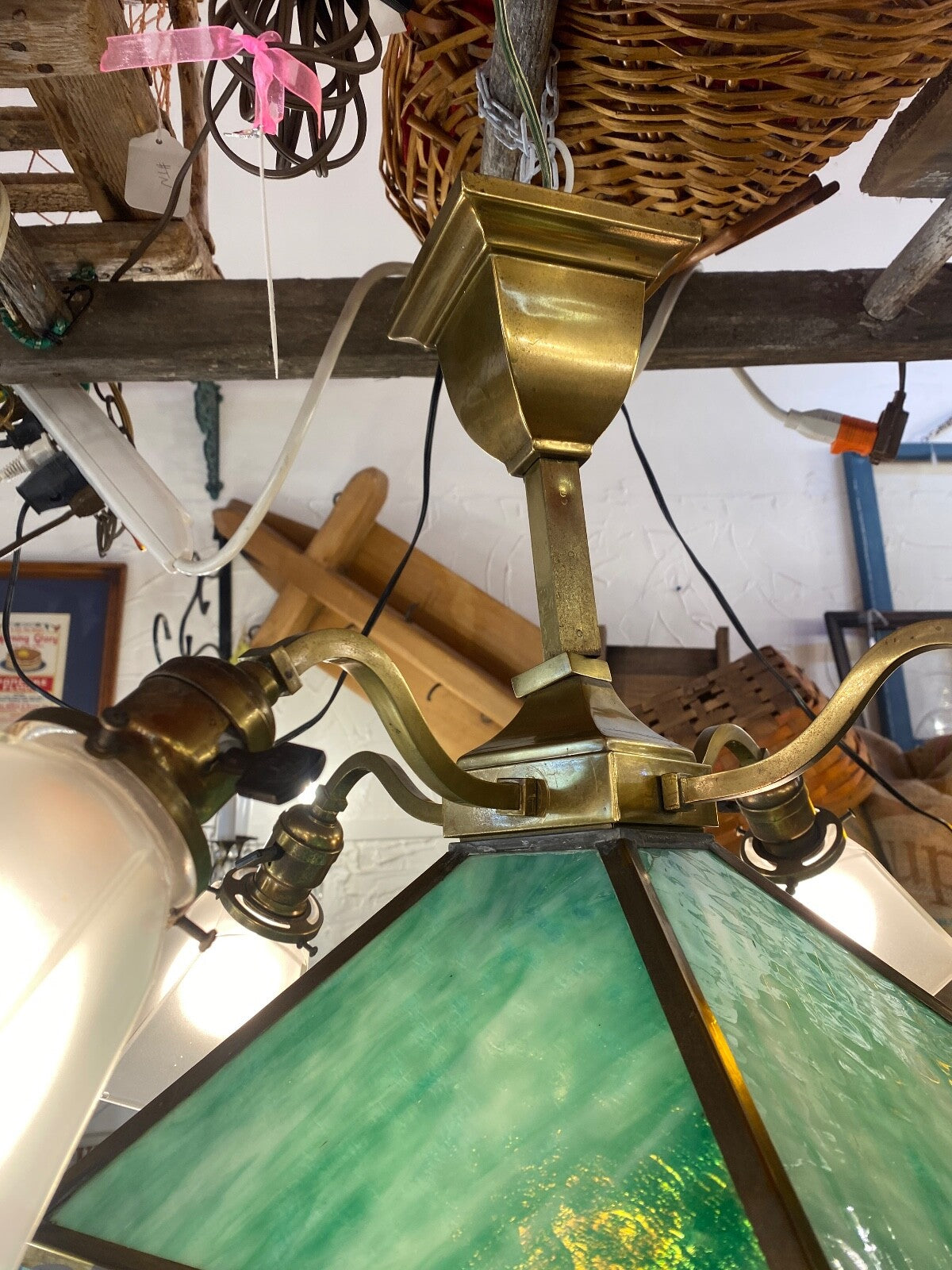 Green Stained Glass 5 Light  Craftsman Chandelier 1910-1915