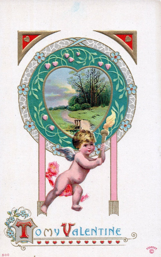 P Sander 1912 Cupid carries Torche Scenic Valentine Vintage Postcard #500
