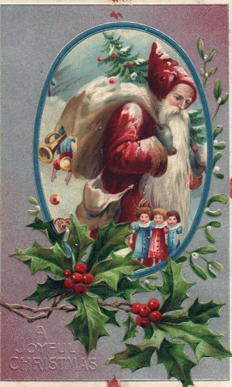 Embossed Shimmery Santa Claus Delivering Presents with Holly Christmas Postcard