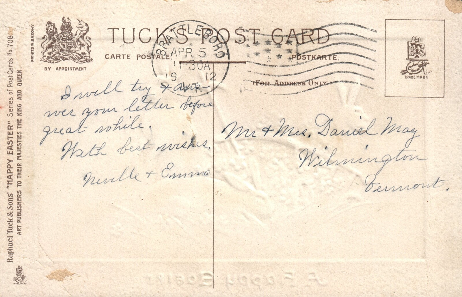 Tuck Series 708 Rabbits In Grass Blue Flowers In Wagon Easter Postcard