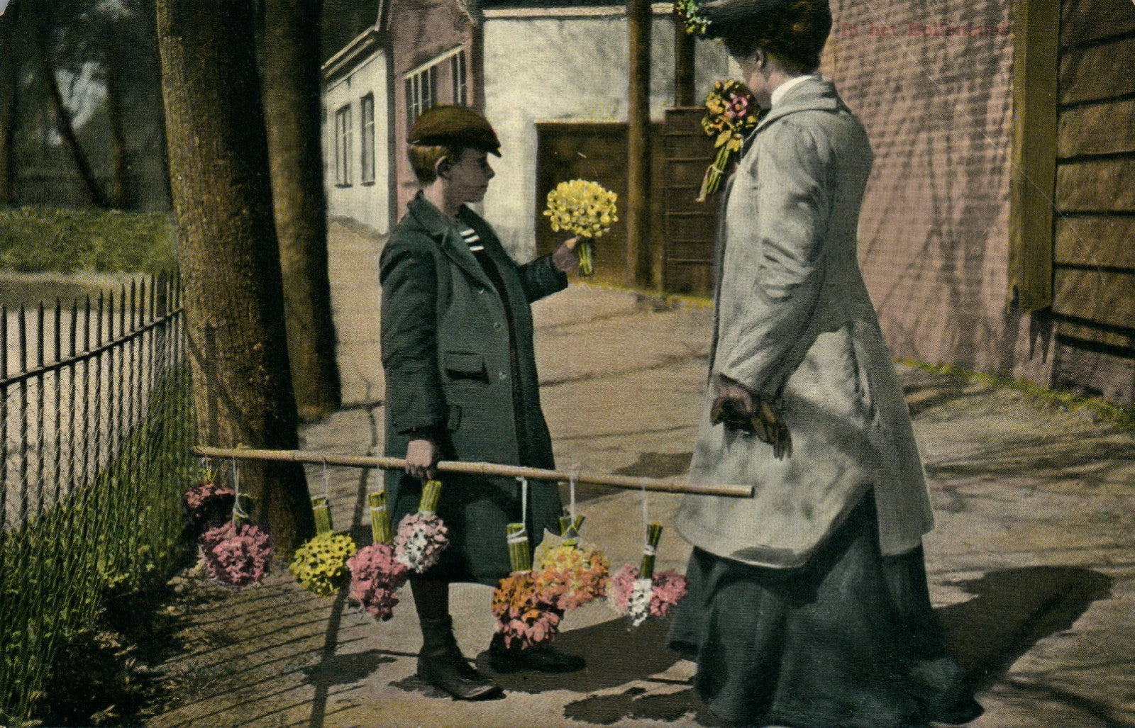 Boy selling Pole of Flowers Vintage Postcard