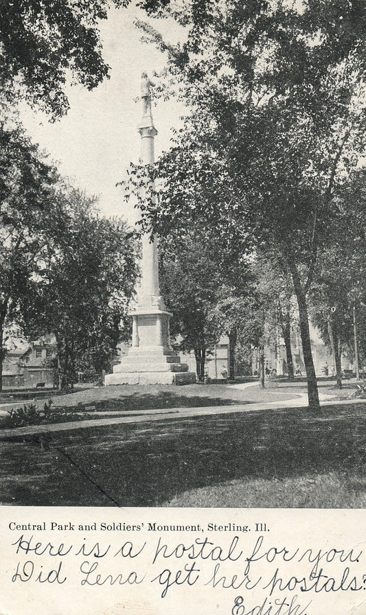 Central Park and Soldiers' Monument Sterling Illinois IL Postcard