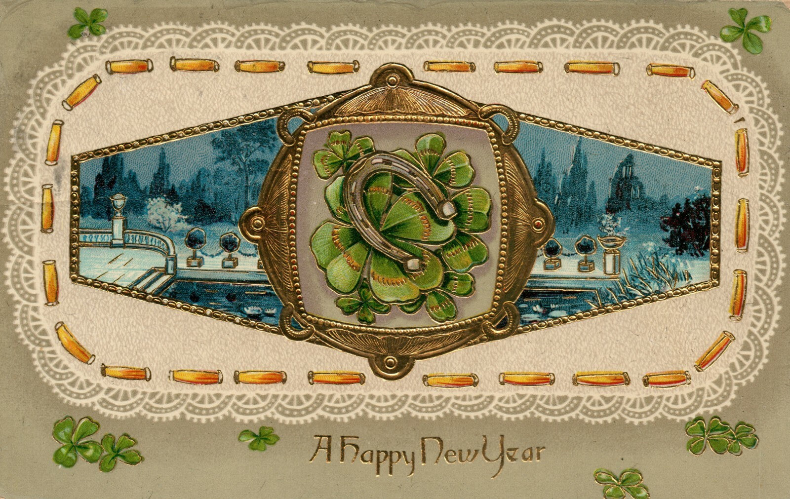 1910 Gold Gilt Gel Good Luck Clover Horse Shoe Night Scene Happy New Year