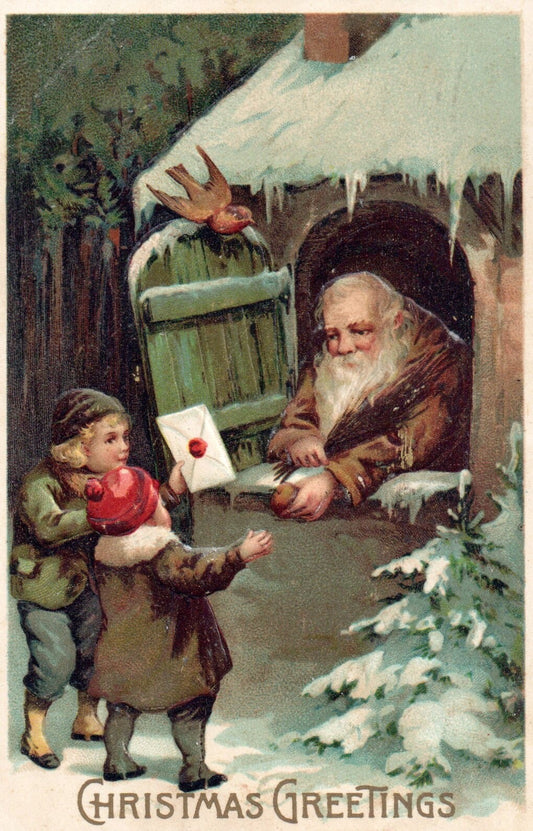 Christmas Greetings Santa Taking in Letters From Children Vintage Santa Postcard