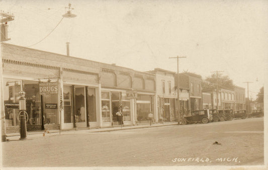 1914 Real Photo Main Street Sunfield Vintage Michigan MI Postcard 