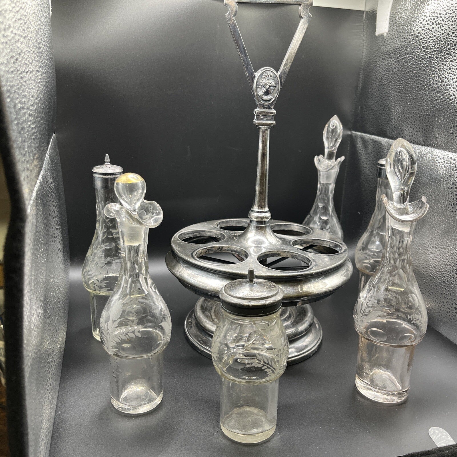 Vintage 6 Pc Condiment castor w/ Etched Glass 14.25"H.