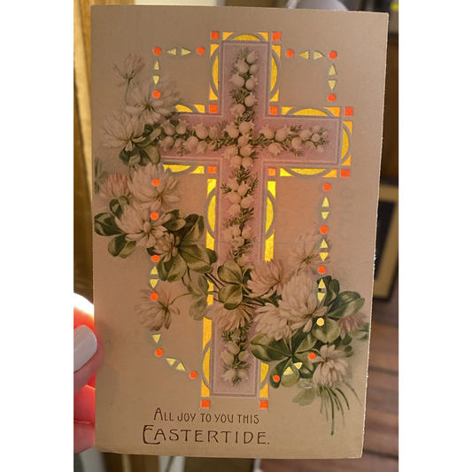All Joy to You This Eastertide Beautiful Cross with Flowers Vintage HTL Postcard
