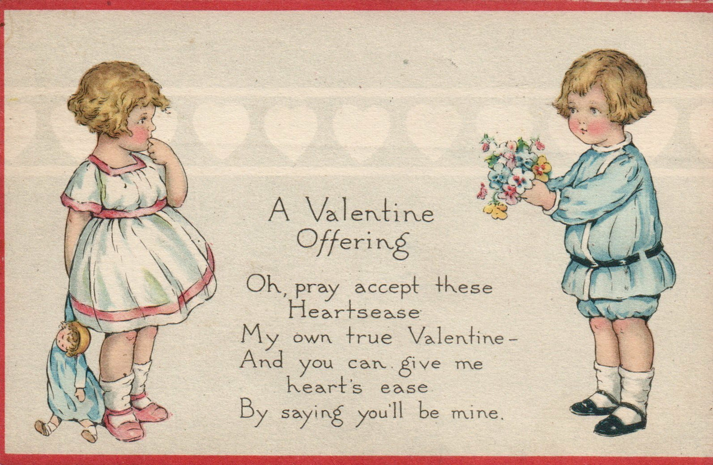 9064 Boy Handing Young Girl Flowers Valentine Offering Red Border Postcard